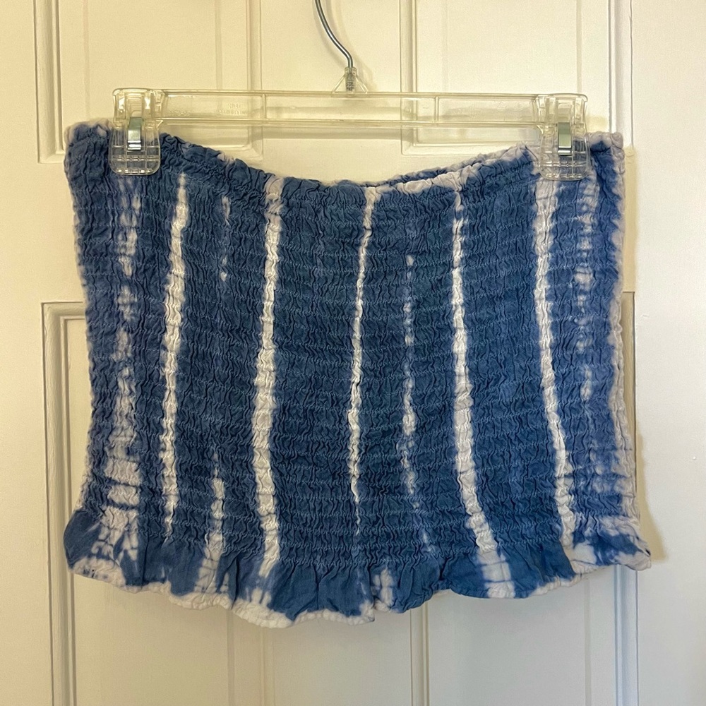 ribbed tie dye tube top, sleeveless strapless lettuce flounce bottom bleach dye